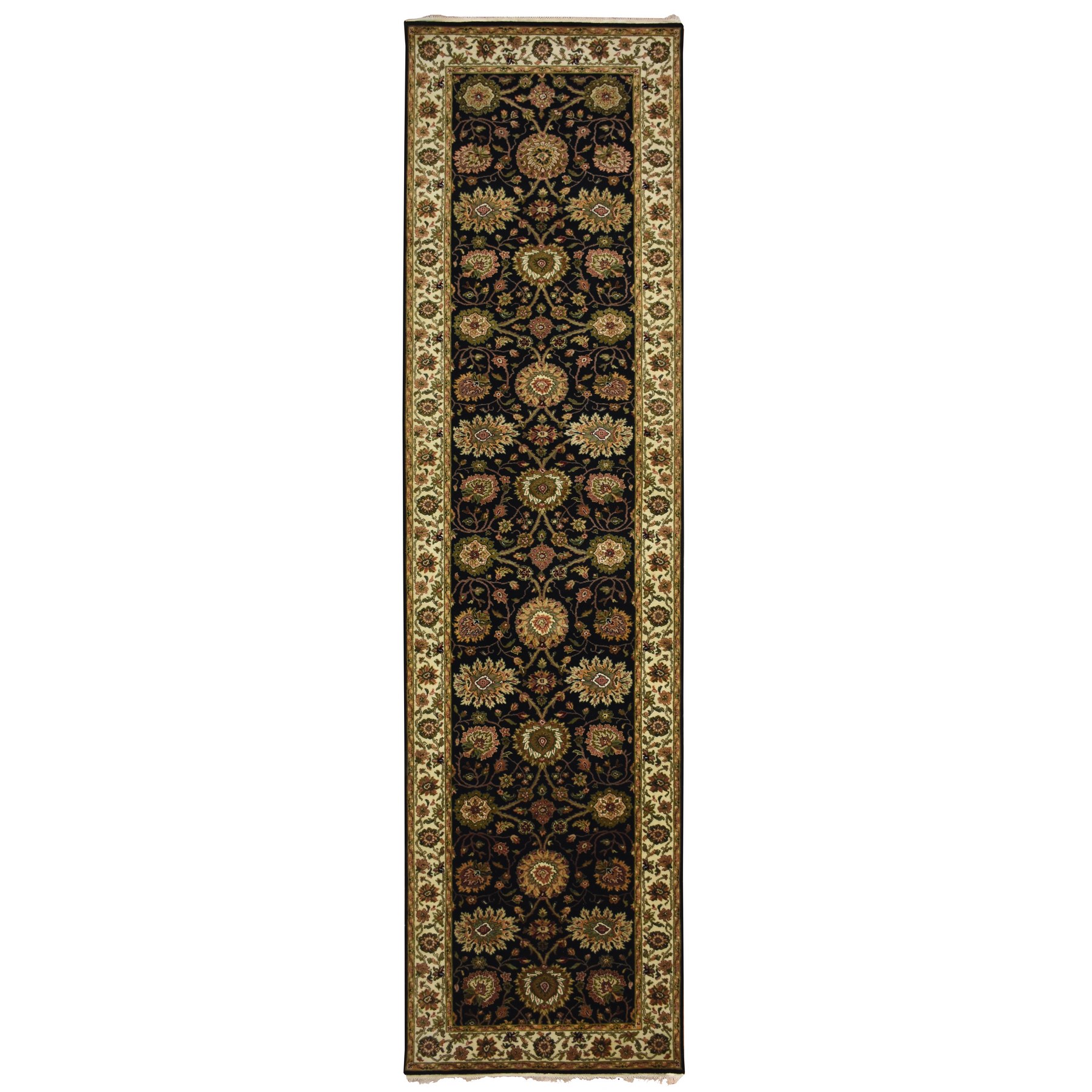 Pitch Black, Rajasthan with All Over Leaf Design, Hand Knotted, Wool and Silk, Soft Pile, Thick and Plush, XL Runner, Oriental Rug